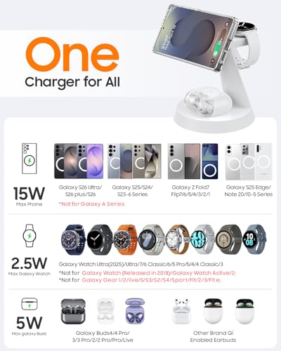 Meifigno Magnetic Wireless Charger for Samsung, 3 in 1 Charging Station Compatible with MagSafe Samsung Charger for Galaxy S26 Ultra S25 Z Fold7/Flip7, Charger Stand for Galaxy Watch Ultra 8 7, White - color: WHITE