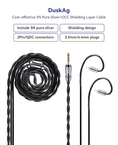 NICEHCK DuskAg 5N Pure Silver IEM Cable QDC Connector 3.5mm Single Ended | 5N pure silver & OCC shielding boosts mid-high density, 1.2m cord, QDC pin, 3.5mm plug for QDC IEM audiophiles - size: 3.5mm With QDC