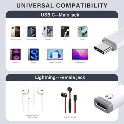 USB C to Lightning Audio Adapter, USB C Male to Female Lightning Headphone Audio Adapter Compatible with iPhone 16/16Pro/15 Pro, iPad Pro, iPad Air 6, MacBook, Galaxy S24 (No Charge)-2Pcs - color: White-2Pack
