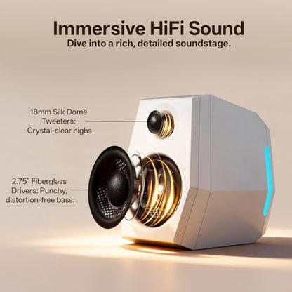 Sanyun SW209 36W 2.0 Gaming Speakers, Tactical Audio Map with 3 DSP Modes | Game/Movie/Music, 24bit DAC, USB-C/Bluetooth 5.2/AUX, 2.75" Glass Fiber Drivers & 18mm Silk Dome, RGB Lighting (Pair, White) - color: SW209 White