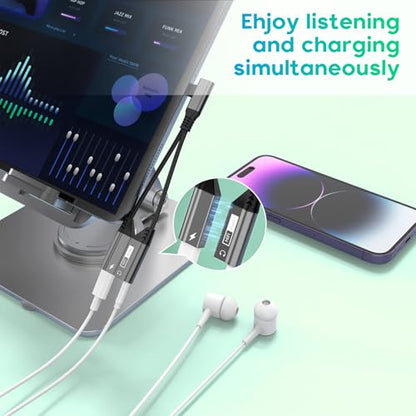 Right Angle Magnetic 2-IN-1 Lightning to 3.5mm Audio Jack Headphone and Charge Cable Adapter for iPhone,90 Degree Earphone Converter Splitter Support Music+Charge+HiFi+Mic for iPhone14 13 12 11