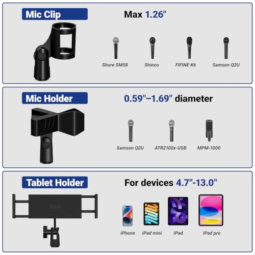 Boom Mic Stand Floor for Singing, Podcast, Studio, Live Streaming | Include Tray and Tablet Hoder, 2.9LBS Round Base, Adjutable Height 16"–63", Compatible with Yeti, SM58, QuadCast, K669B, Q2U