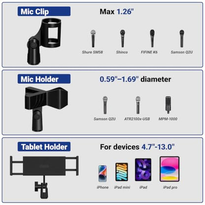 Boom Mic Stand Floor for Singing, Podcast, Studio, Live Streaming | Include Tray and Tablet Hoder, 2.9LBS Round Base, Adjutable Height 16"–63", Compatible with Yeti, SM58, QuadCast, K669B, Q2U