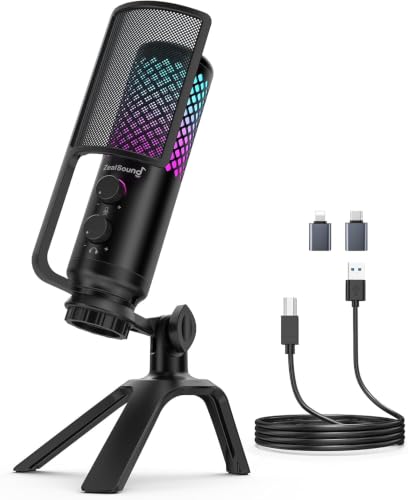 ZealSound Podcast Microphone for PC/Mac/iPhone/Phone – 96kHz/24bit USB Condenser Mic with Noise Reduction, Tap-to-Mute, Gain Control, Zero-Latency Monitor, RGB Light for Streaming, Gaming, Recording