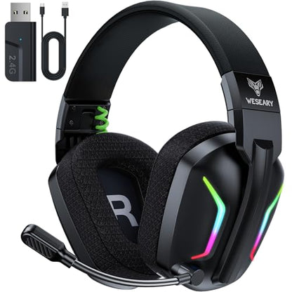 WESEARY Wireless Gaming Headsets for PC, PS5, PS4, Switch, Mac, 2.4GHz Wireless Gaming Headphone with ENC Noise Canceling Microphone, Bluetooth 5.4, Cool Lighting, 50H Battery, 50mm Drivers | 2.4GHz Wireless Gaming Headphone with ENC Noise Canceling Micro