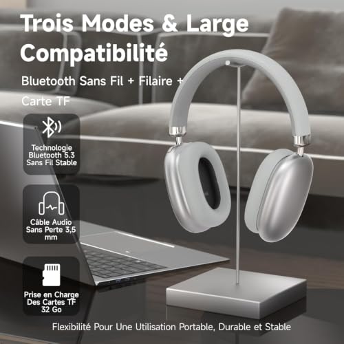 Wireless Over Ear Headphones, Noise Canceling Bluetooth 5.3 Headphones with Microphones,Hi-Res Audio,48H Playtime,Foldable,Breathable Soft Earpads for iOS/Android/Samsung/PC-Silver