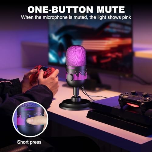Gaming Microphone, USB Computer Microphone for PC, Mac, PS4/5, Condenser Podcast Mic for Studio Recording, for Streaming Podcast YouTube, with Led Light