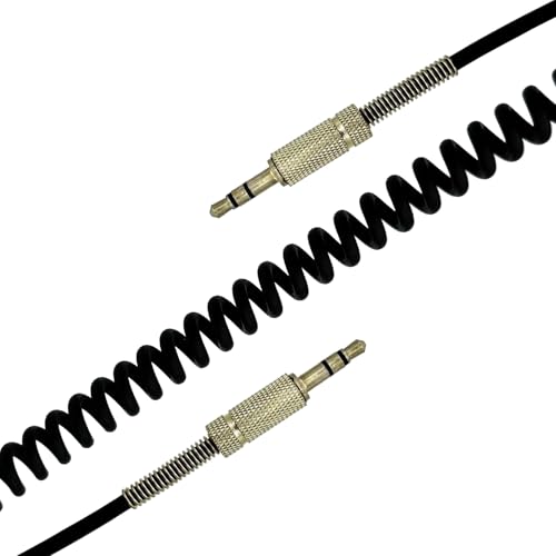 Seadream Coiled 3.5mm Auxiliary Audio Cable, Black, Gold-Plated Connectors, Stereo Male to Male Stretches to 10Feet