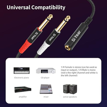 1/4" Stereo to Dual 1/4" Mono Splitter Cable, 6.35mm (Quarter inch Female TRS to 2 x 1/4 Inch Male Y Splitter Breakout Cable Patch Cord (1ft/30cm) - color: 6.35F-2X6.35-30cm
