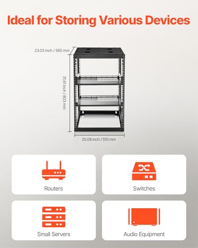 VEVOR 16U Open Frame Server Rack & Network Rack, Wall Mounted or Floor Standing, Heavy Duty 4 Post, with 2PCS Vented 1U Shelves & Mounting Hardware, Holds All 19'' Networking IT Equipment AV Gear - size: 16U Server Rack