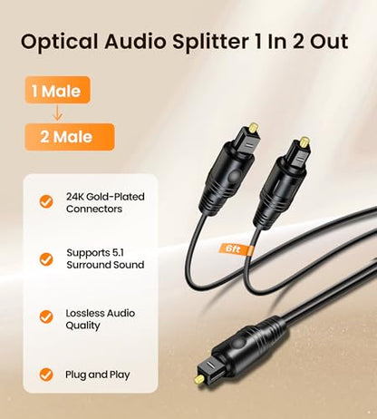 avedio links Digital Audio Splitter 1 in 2 Out 6ft, Toslink Digital Fiber Optic Audio Splitter 1 Male Input 2 Male Output (for Home Theatre, Xbox, PS3/PS4) - size: 1 Male 2 Male 6ft
