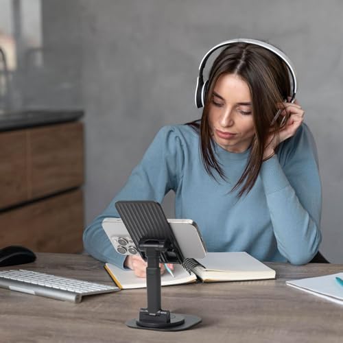 Giraffe wearing headphones Phone Stand for Desk Angle Height Adjustable Folding Cell Phone Holder Foldable Aesthetic Desktop Phone Stand Portable Cellphone Stand for All Phone Stand Smartphones - color: Black
