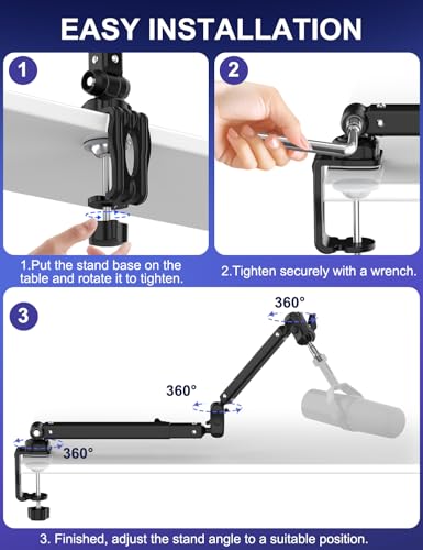 Microphone Boom Arm, 360° Rotatable Heavy Duty Stable Metal Low Profile Mic Arm Stand Desk Mount for Podcast Live Streaming Gaming Studio, with Cable Management, 3/8'' to 5/8'' Adapter