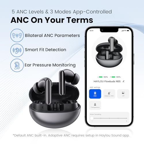 HAYLOU Flowbuds N55 ANC Wireless Earbuds, Bluetooth 6.0, 6 HD Mics, 40H - color: Black