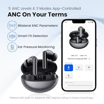 HAYLOU Flowbuds N55 ANC Wireless Earbuds, Bluetooth 6.0, 6 HD Mics, 40H - color: Black