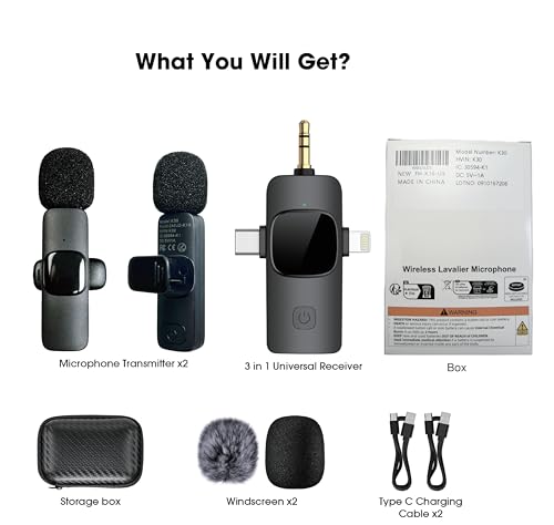 HMKCH Dual Wireless Lavalier Microphones for iPhone Android Camera Laptop PC, 4 in 1 Wireless Lapel Mic for Video Recording Vlog, YouTube, TikTok