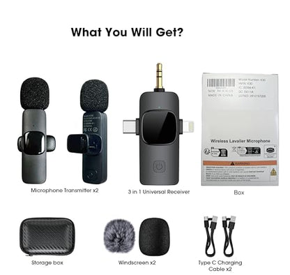 HMKCH Dual Wireless Lavalier Microphones for iPhone Android Camera Laptop PC, 4 in 1 Wireless Lapel Mic for Video Recording Vlog, YouTube, TikTok
