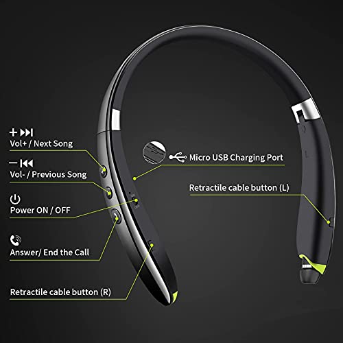 Bluetooth Headset, Neckband Bluetooth Headphones with Retractable Earbuds | 2026 Upgraded Noise Cancelling Stereo Earphones with Mic, Foldable Wireless Headphones for Sports Office w/Carry Case(Black) - color: Black