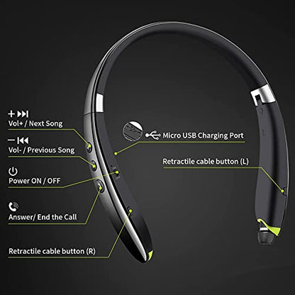 Bluetooth Headset, Neckband Bluetooth Headphones with Retractable Earbuds | 2026 Upgraded Noise Cancelling Stereo Earphones with Mic, Foldable Wireless Headphones for Sports Office w/Carry Case(Black) - color: Black