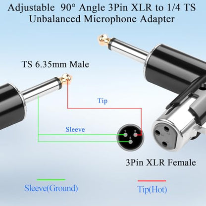 QIANRENON Adjustable 90° Angle XLR Female to 1/4 TS Microphone Adapter 3Pin X-lr Socket to TS 6.35mm Male Mono Unbalanced Right Angle Connector XLR Jack Position Tunable, for Guitar Amplifier Mixer