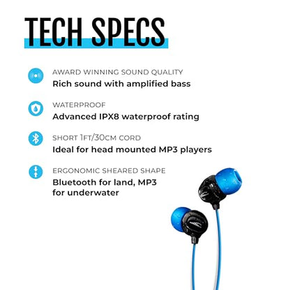 H2O Audio Surge S+ Waterproof Sport Headphones, (Short Cord Design) – in-Ear Sweatproof Earbuds for Swimming, Running, Cycling – IPX8 Waterproof, Compatible with iPods & MP3 Players
