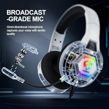 Docooler Gaming Headset with Microphone, Computer Headset with 50mm Drivers Omni Directional Microphone, RGB Lighting for Smartphone, Laptop, Desktop PC, Gaming Console (White) - color: White