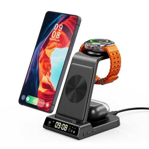 3 in 1 Wireless Charger for Samsung Galaxy S26 Ultra, Galaxy Watch 8, Buds | Dimmable LED clock, Dual-angle charging stand, Case-friendly, Compact & space-saving, Multi-protection, Charging indicator - color: Black