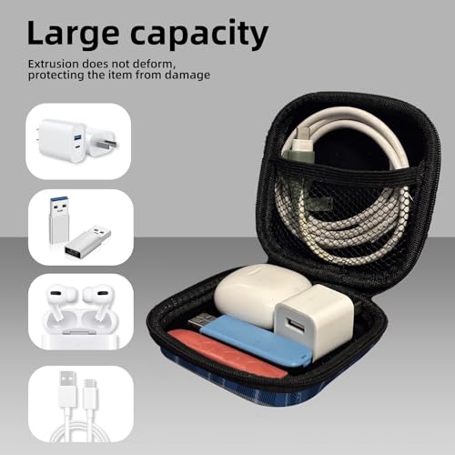 Square Data Cable Earbud Charger Coin Storage Bag Shockproof and Drop-Proof EVA Material Compatible with AirPod(Plaid Textile Blue) - color: Plaid textile blue