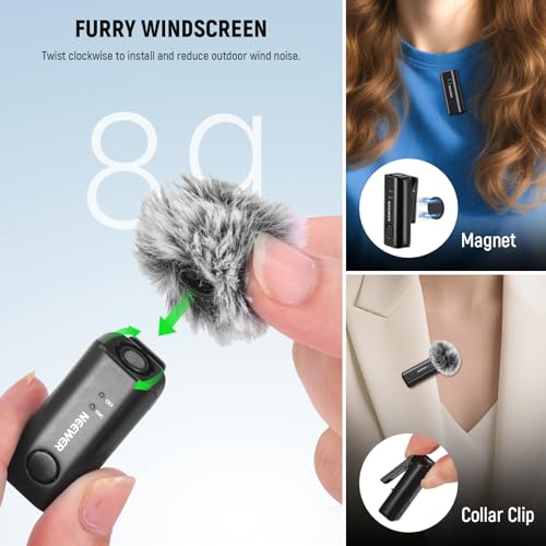 NEEWER KM23B Wireless Lavalier Microphone Bluetooth App Control, Compatible with iPhone Android Phone 8Hrs Battery Vocal Enhancement Noise Cancellation Volume Adjustment Low Cut for Streaming Vlogging