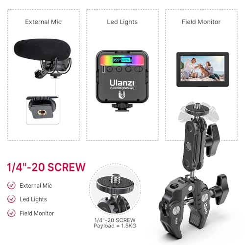 ULANZI Super Clamp Camera Clamp Mount Monitor 360° Ballhead MagicArm Double | Ball Head Adapter with 1/4"-20 & 3/8"-16 Thread ST-07 Phone Tripod Mount - size: Phone Mount Kit