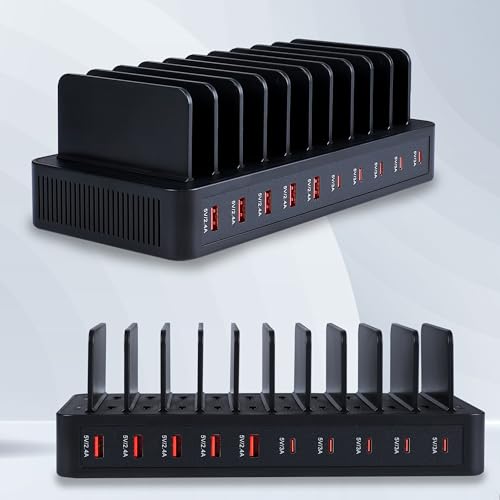 100W 10포트 스마트 충전 스테이션 | USB-A 5개 및 USB-C 포트 5개 | 휴대폰, 태블릿, 시계 등을 위한 정리 디자인 (블랙)