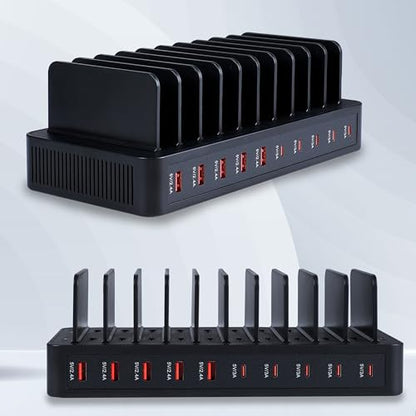 100W 10포트 스마트 충전 스테이션 | USB-A 5개 및 USB-C 포트 5개 | 휴대폰, 태블릿, 시계 등을 위한 정리 디자인 (블랙)