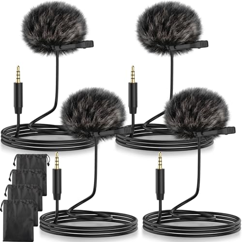 Tellegloww 4 Pack Lavalier Lapel Microphone with Furry Windscreen, 3.5mm Compatible with DJI Mic/rode Wired for Smartphone Interview, Video, Broadcasters, Portable Storage Pouch Included, Black