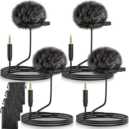 Tellegloww 4 Pack Lavalier Lapel Microphone with Furry Windscreen, 3.5mm Compatible with DJI Mic/rode Wired for Smartphone Interview, Video, Broadcasters, Portable Storage Pouch Included, Black