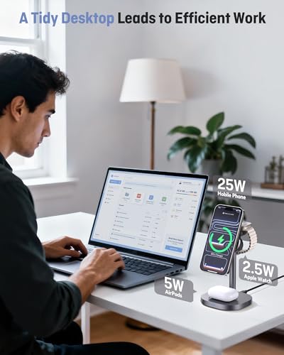 Augnner 3 in 1 Wireless Charging Station, 25W Certified Fast Magnetic Charger, Magnetic Wireless Charger Stand with TEC Active Cooling, for iPhone17/16/15/14/13/12, Apple Watch/AirPods