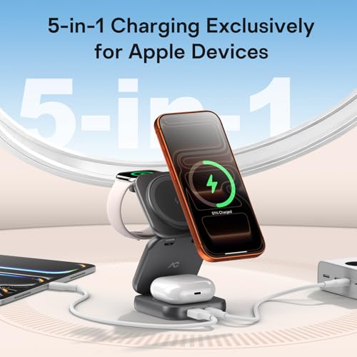 5-in-1 Wireless Charger for MagSafe, AC ISLAND Portable Travel Charging Station, 35W Max Qi2 Fast Foldable Magnetic Stand, Evolved for iPhone 17-12 Series, Apple Watch, AirPods (with 35W Adapter) - color: Grey
