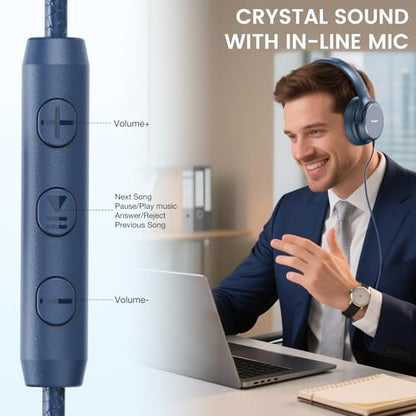 USB C Wired Over-Ear Headphones with Microphone | Volume Control, Share Port, Adjustable Headband Foldable Stereo Headset for Adult/Teens for iPhone 16, Laptop, Gaming, Travel - color: New Blue