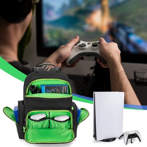 PGmoon Console Backpack Compatible with Playstation 5/PS5 Slim/PS5 Pro | Travel Carrying Case Bag with Protective Liner, Fits 15.6" Laptop, Controllers and Most Gaming Accessories (Patent Design) - color: Green