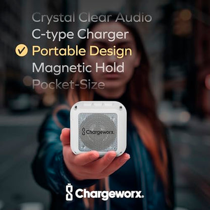 CHARGEWORX Magnetic Bluetooth Speaker and Phone Stand, Portable Mini Speaker, USB-C Rechargeable Wireless Device for High-Fidelity Audio, Compatible with MagSafe iPhone 16/15/14/13/12 Case, White - color: White