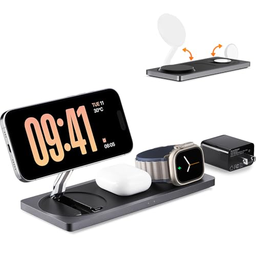 3 in 1 Wireless Charging Station for Apple Devices with MagSafe | For iPhone 17/Air/16/15/14/13/12, AirPods & Apple Watch, Foldable Portable Aluminum Charging Stand, Adapter Included - color: Black