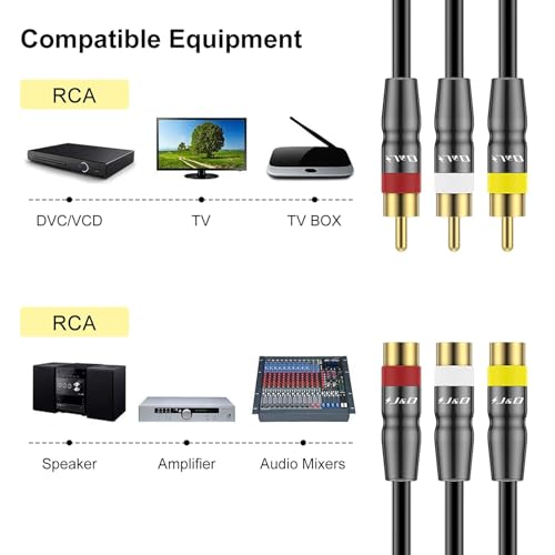 J&D RCA Cable, Heavy Duty 3 RCA Male to Female AV Extension Cable, Copper Shell, Audio Video Components Compatible with Set-Top Box, Speaker, Amplifier, DVD Player, 6 Feet - size: 6 Feet
