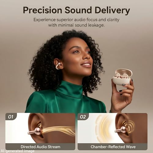 Clip-on Earbuds Hybrid Active Noise Cancel Ultra Comfort All-Day Wear Fit | Wireless Earbuds Bluetooth 5.4 w/ C-Shape Frame & Slim Hooks | 60H Playtime, Light Build for Glasses Wearers & Fitness Users - color: Purple