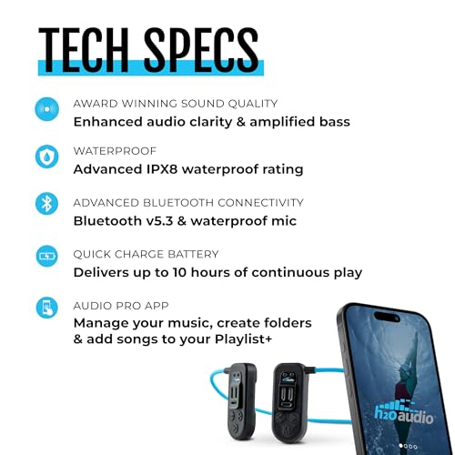 H2O Audio Sonar 2 PRO Waterproof Bone Conduction Headphones for Swimming – Open-Ear Underwater IPX8 Waterproof Headphones - MP3 Player with Playlist+ App for Bluetooth Streaming - 10 Hour Battery Life