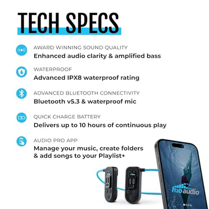 H2O Audio Sonar 2 PRO Waterproof Bone Conduction Headphones for Swimming – Open-Ear Underwater IPX8 Waterproof Headphones - MP3 Player with Playlist+ App for Bluetooth Streaming - 10 Hour Battery Life