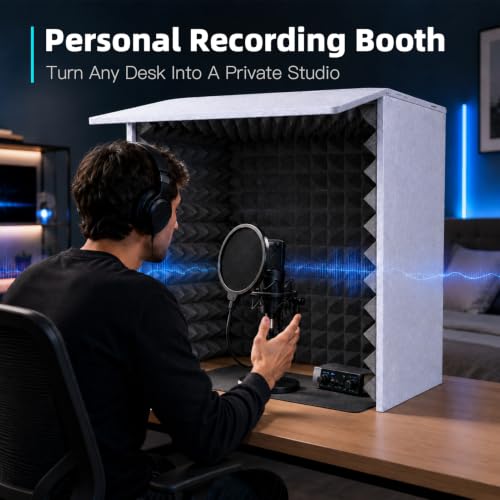 Portable Vocal Booth, 28 Inch Desktop Sound Isolation Recording Booth Box, Foldable Microphone Isolation Shield with 2 Inch Acoustic Foam for Podcast, Voice Over, Singing, Studio (Grey)