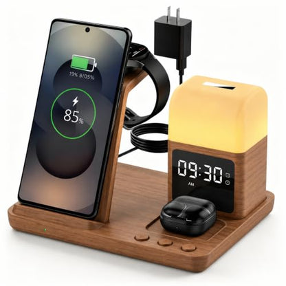 Wireless Charger for Samsung/Android Charging Station, 6 in 1 Fast Watch Charger with Alarm Clock-Night Light, Compatible for Galaxy S25 Ultra/S24, Only for Samsung Watch8/7, Galaxy Buds3 Pro(Walnut) - color: Walnut