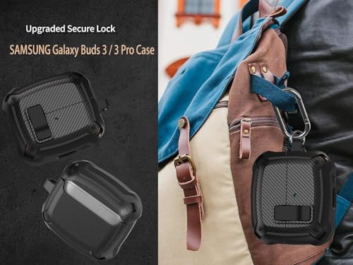 Galaxy Buds 3 Pro/3/3 FE Case Cover with Secure Lock Clip, Shockproof Samsung Galaxy Buds3/3 Pro 2024/3 FE 2025 Protective Hard Cover Shell with Carabiner&Cleaner kit for Men Women, Carbon Black - color: AA-Black