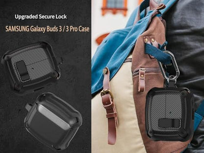 Galaxy Buds 3 Pro/3/3 FE Case Cover with Secure Lock Clip, Shockproof Samsung Galaxy Buds3/3 Pro 2024/3 FE 2025 Protective Hard Cover Shell with Carabiner&Cleaner kit for Men Women, Carbon Black - color: AA-Black