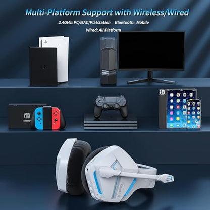 BINNUNE Wireless Gaming Headset for PS5 PC, 120H Ultra-Long Battery, 2.4GHz & Bluetooth 5.3 Wireless Headphones with Noise Canceling Mic, 50mm Drivers, Comfort Over Ear Gaming Headphones,White - color: White