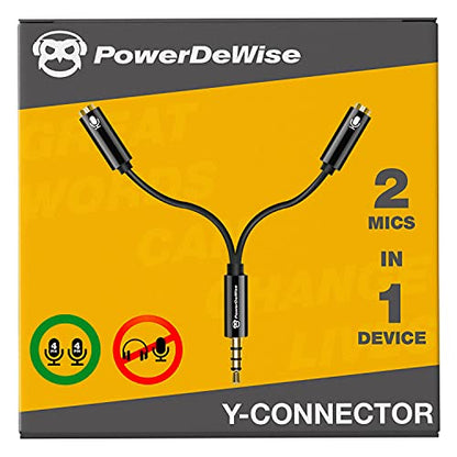 PowerDeWise Y Splitter - Mic and Mic - TRRS Audio Signal Splitter Cable for Lavalier Microphone